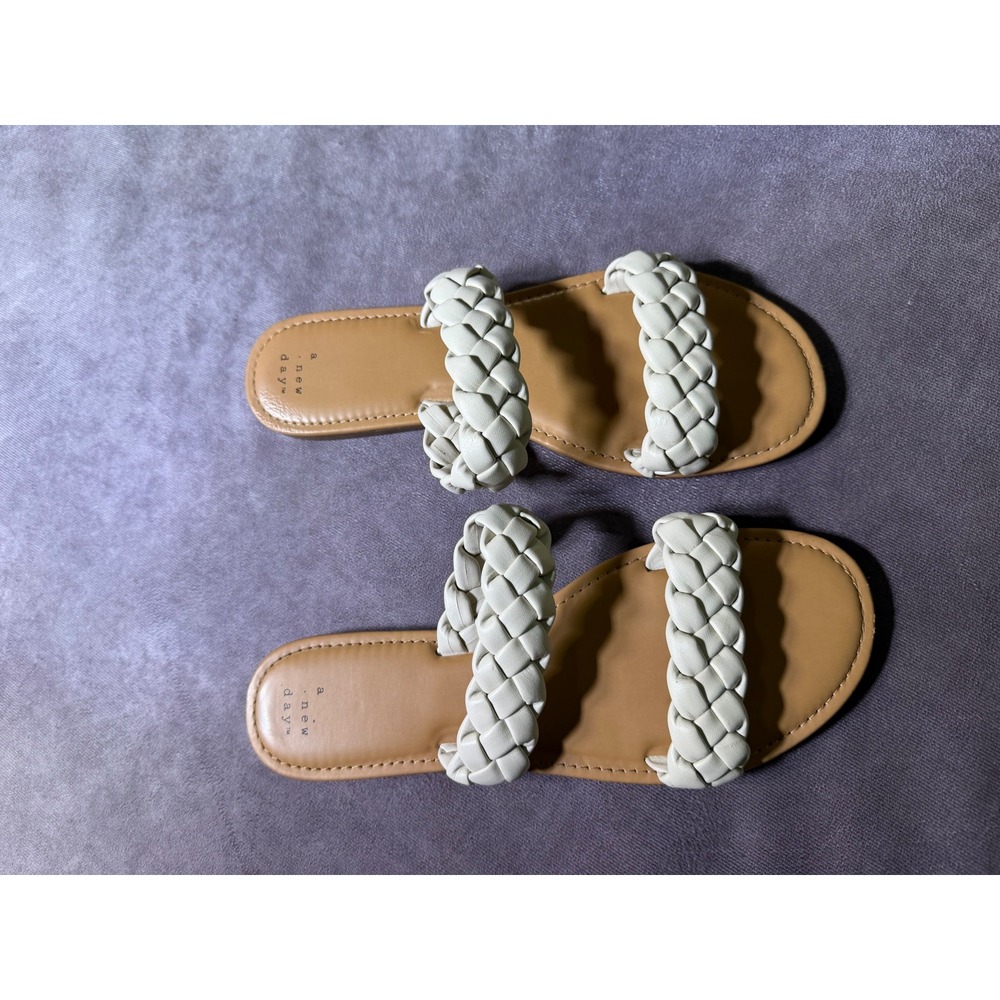 A New Day Womens Braided Slide Sandals Cream Off White Flat Slip On Shoes 9.5 - Picture 4 of 7